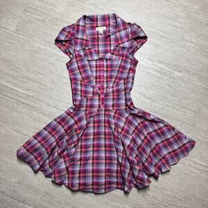 Ted Baker Fite & Flare Skater Dress Plaid Button Front Cap Sleeves Academia Sz 0